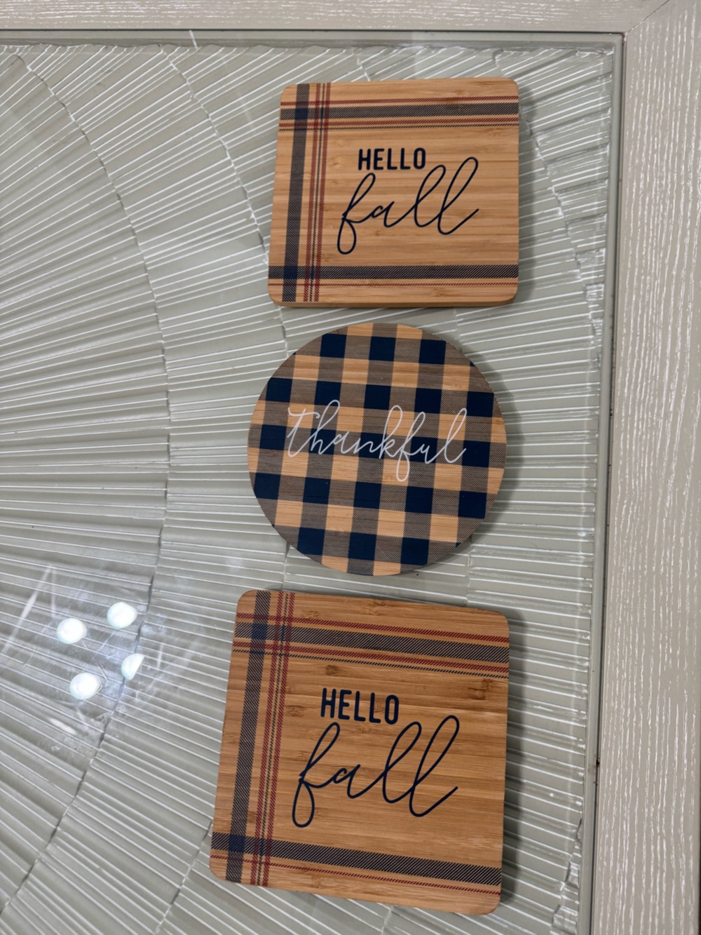 Round and square w/ Navy and Tan cute decor accents- "thankful" and “hello fall”